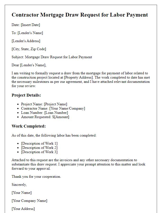 Letter template of contractor mortgage draw request for labor payment.