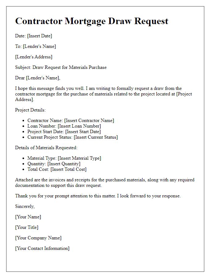 Letter template of contractor mortgage draw request for materials purchase.