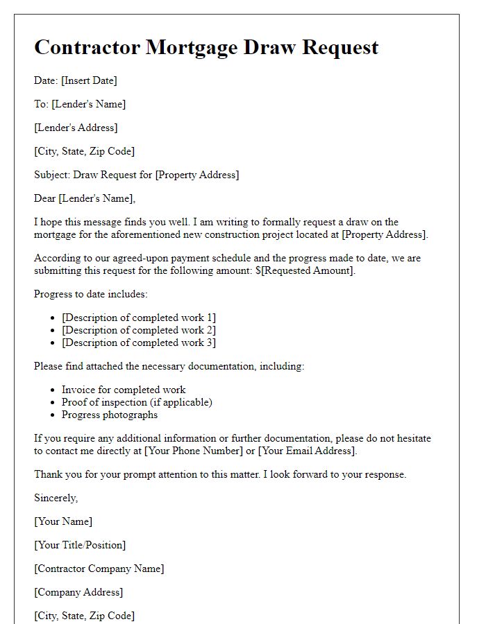 Letter template of contractor mortgage draw request for new construction.