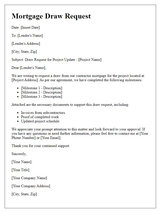 Letter template of contractor mortgage draw request for project update.