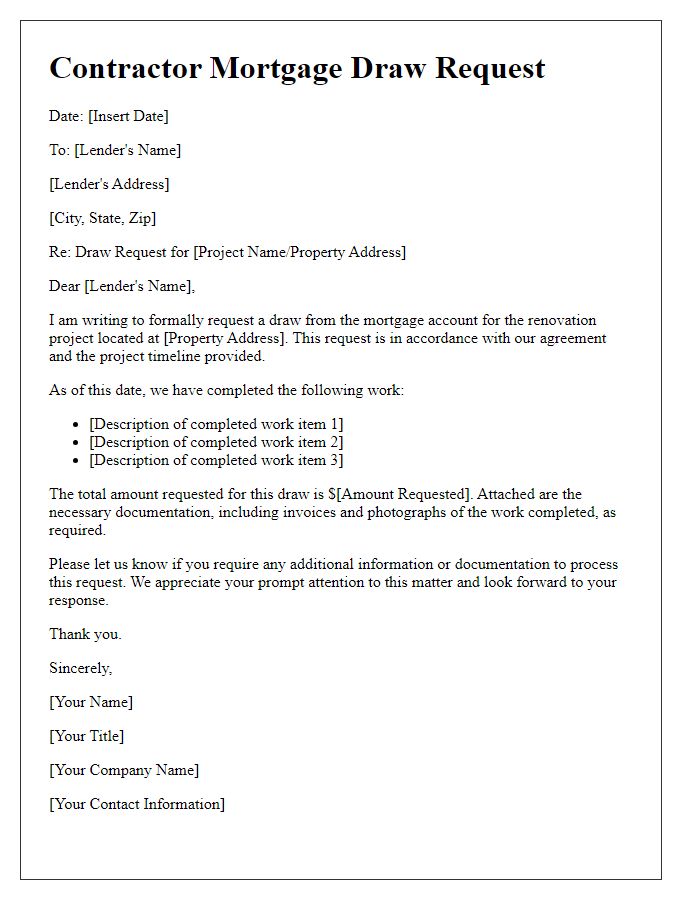 Letter template of contractor mortgage draw request for renovation projects.