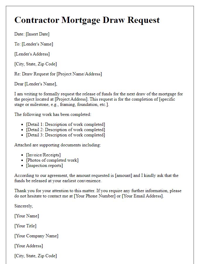 Letter template of contractor mortgage draw request for stage completion.