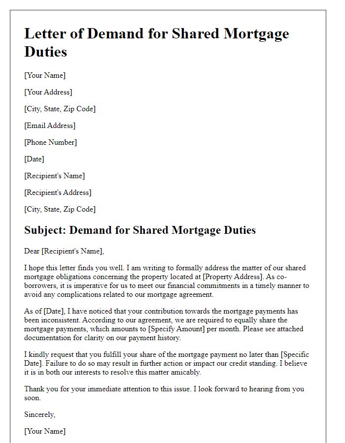 Letter template of demand for shared mortgage duties