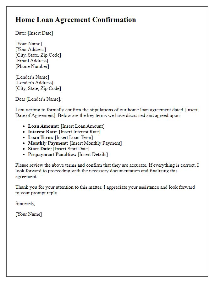 Letter template of confirming home loan agreement stipulations