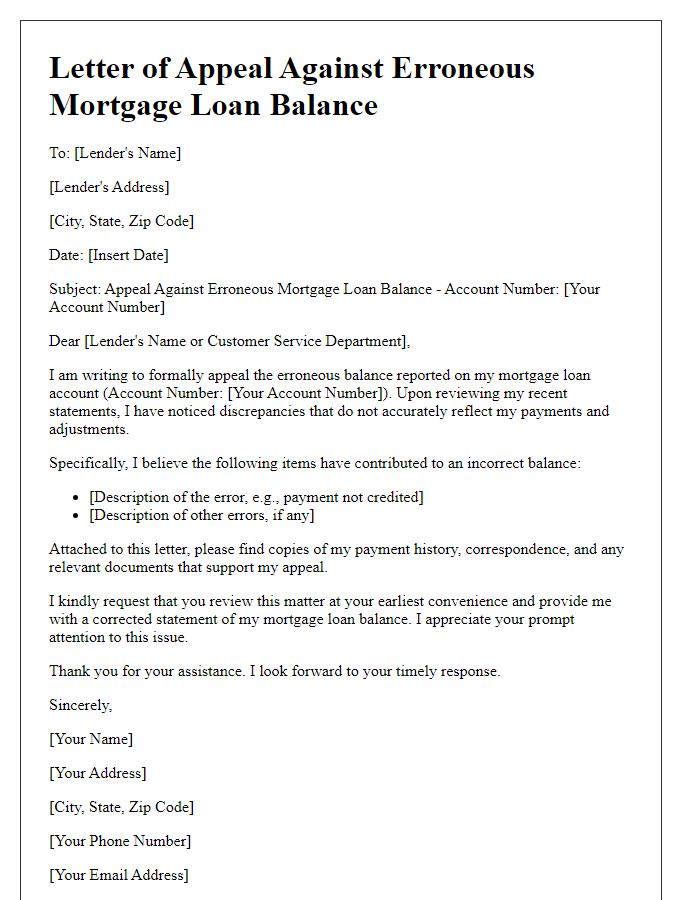 Letter template of appeal against erroneous mortgage loan balance.