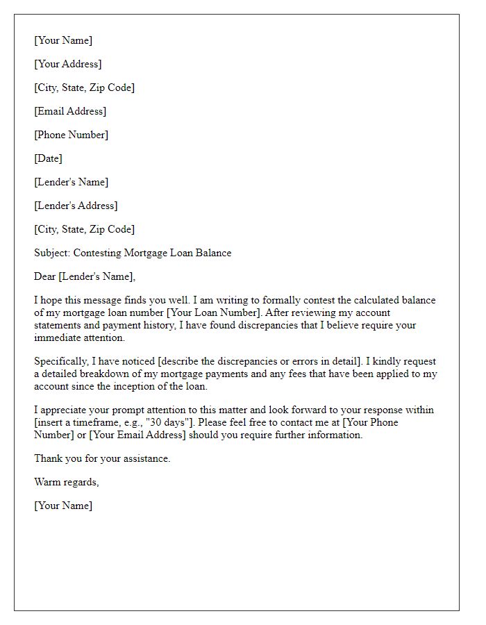 Letter template of contesting the calculated mortgage loan balance.