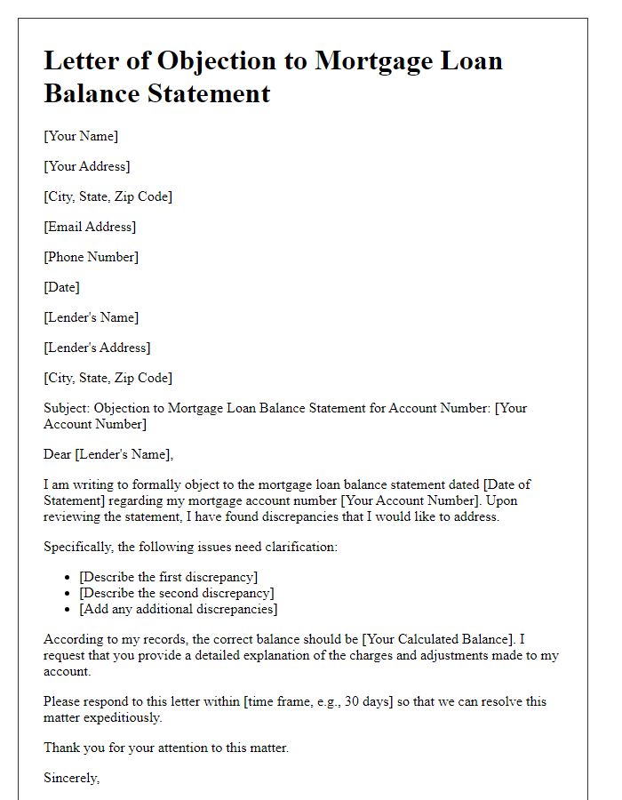 Letter template of objection to mortgage loan balance statement.