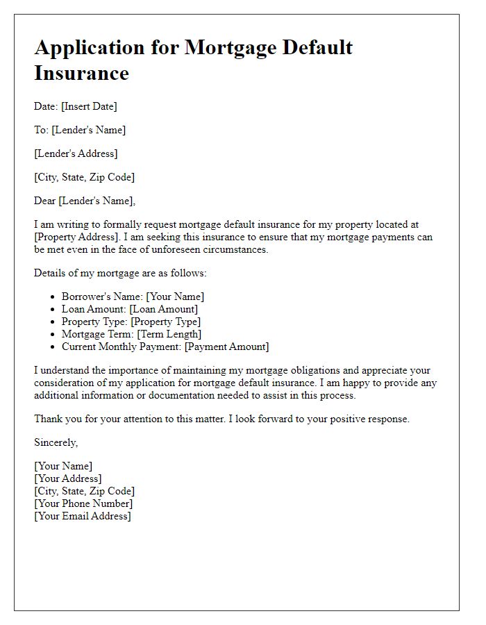 Letter template of application for mortgage default insurance