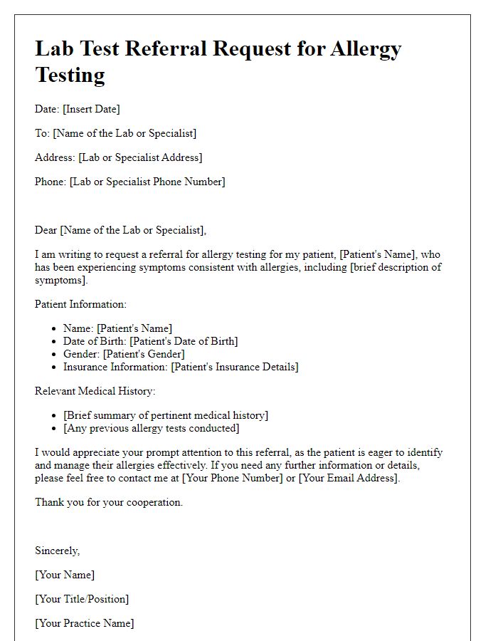 Letter template of lab test referral request for allergy testing.