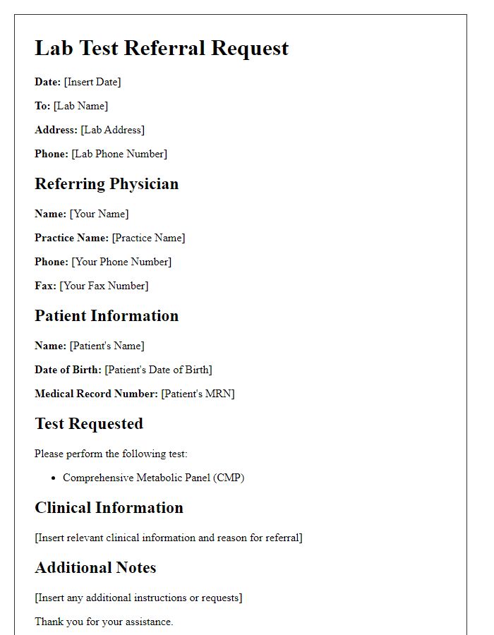 Letter template of lab test referral request for comprehensive metabolic panel.