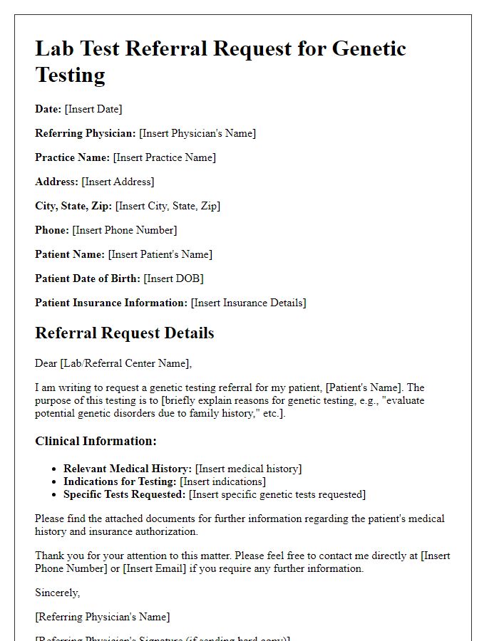 Letter template of lab test referral request for genetic testing.