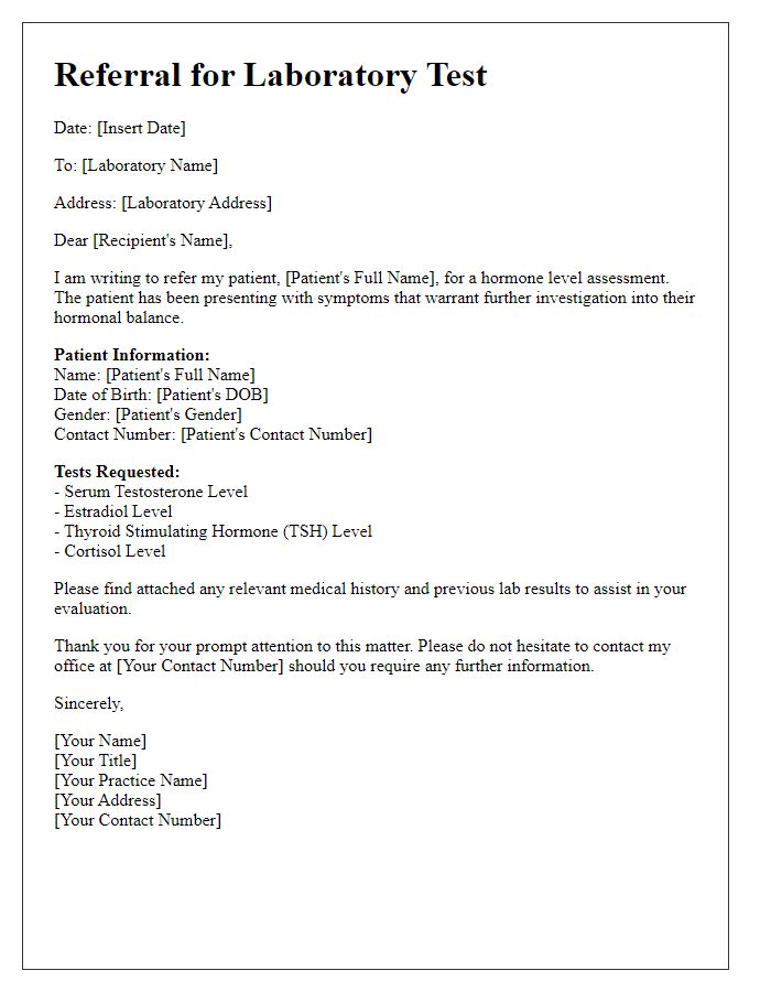 Letter template of lab test referral request for hormone level assessment.