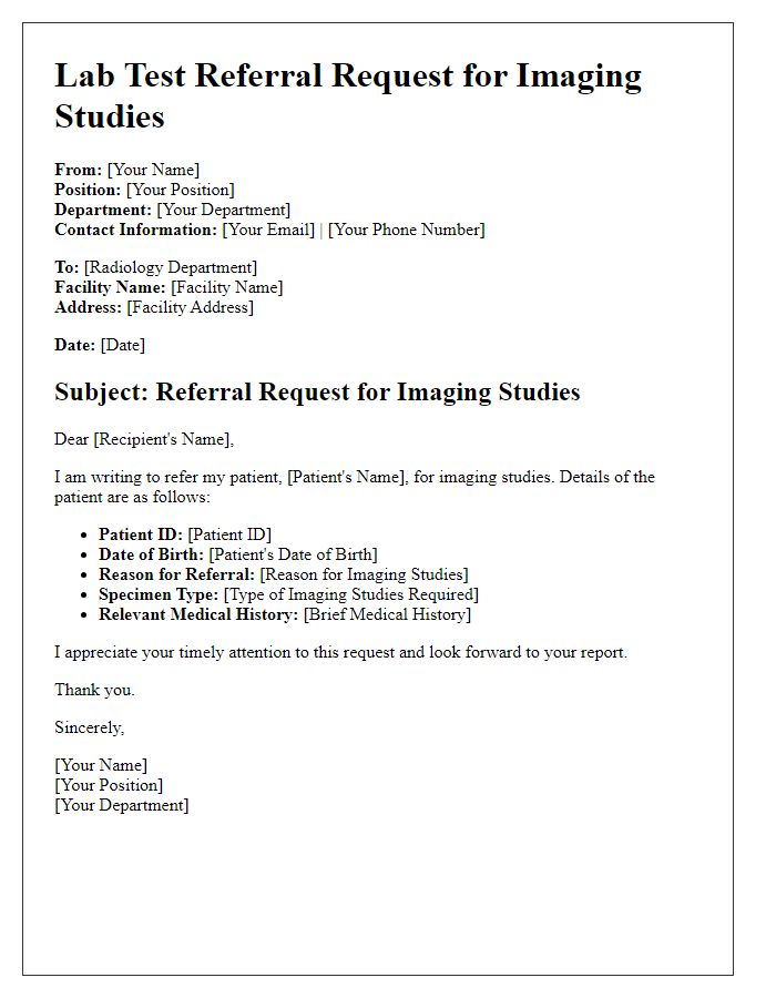 Letter template of lab test referral request for imaging studies.