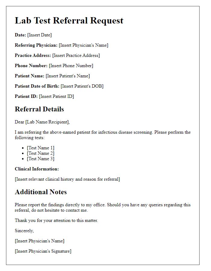 Letter template of lab test referral request for infectious disease screening.