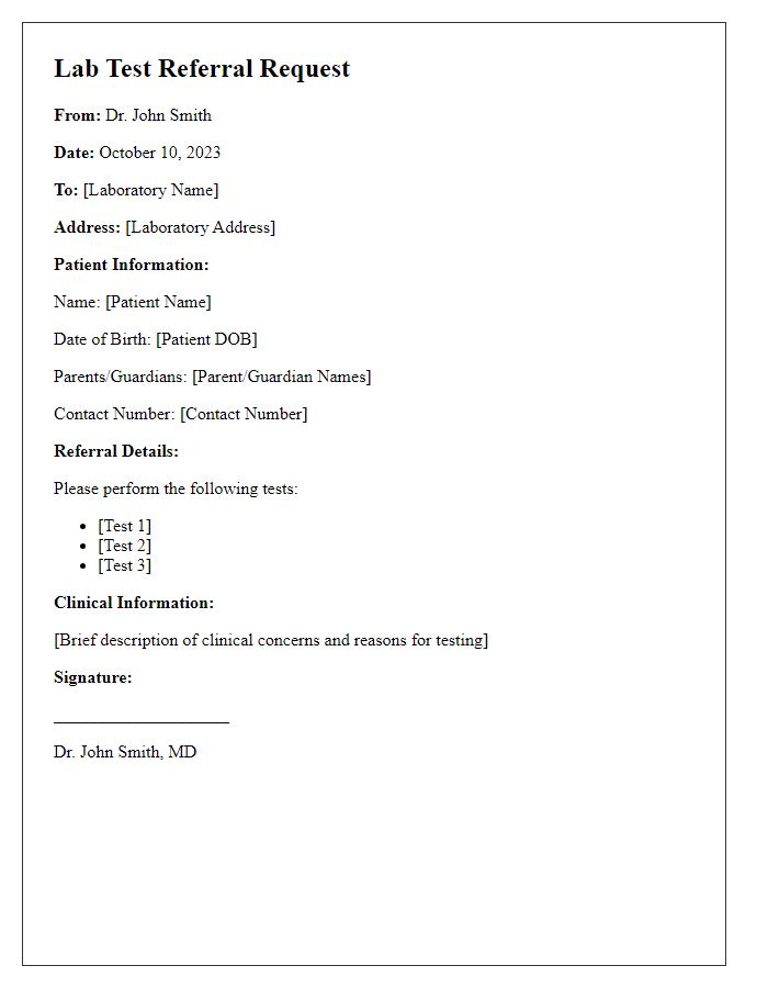 Letter template of lab test referral request for pediatric testing.