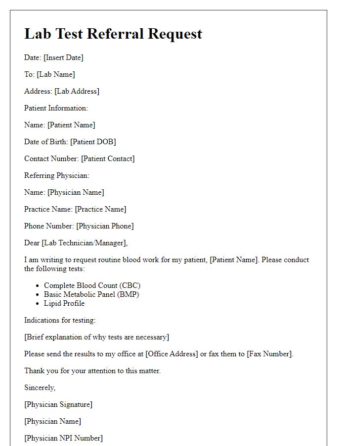 Letter template of lab test referral request for routine blood work.