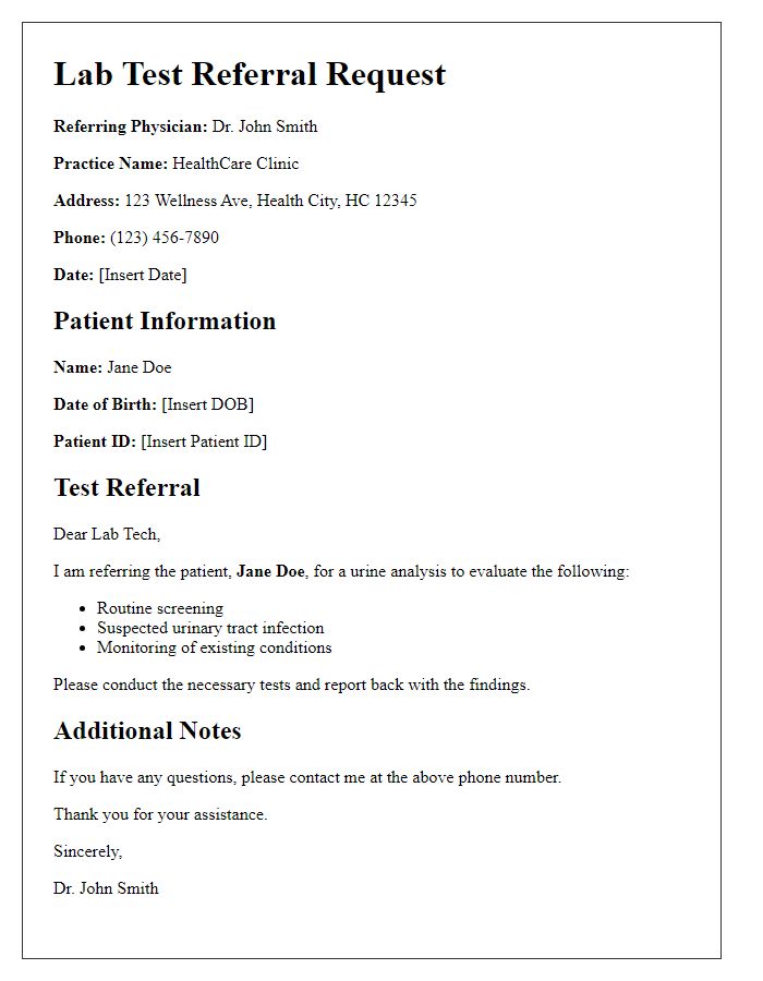 Letter template of lab test referral request for urine analysis.