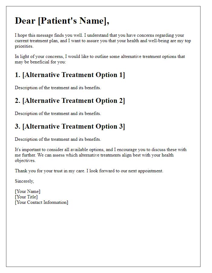 Letter template of alternative treatment options for concerned patients