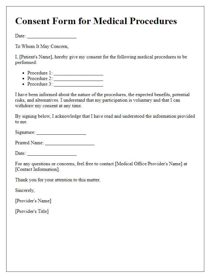 Letter template of consent form explanation for procedures