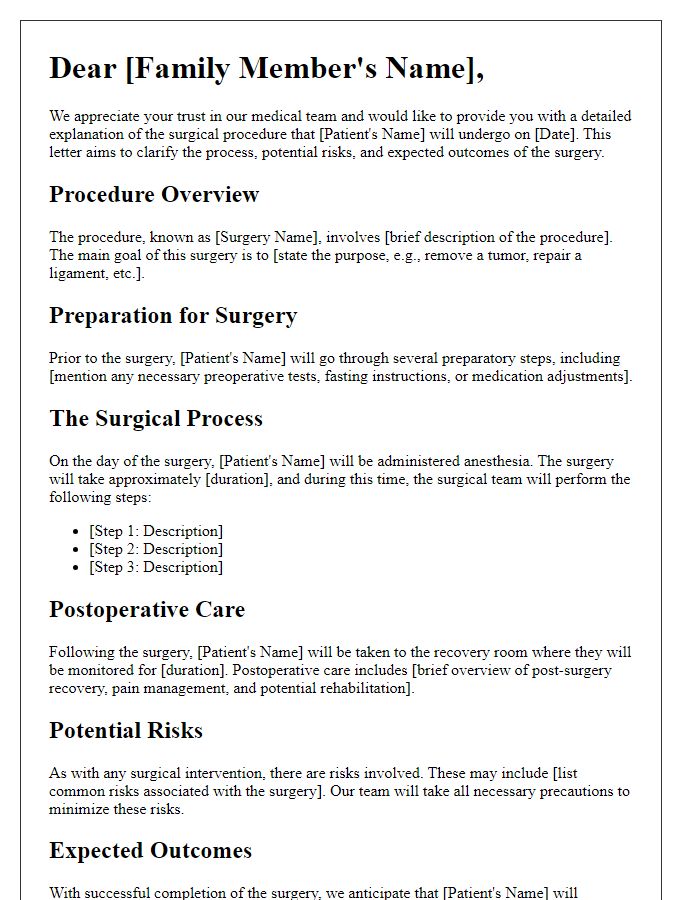 Letter template of detailed surgical explanation for families