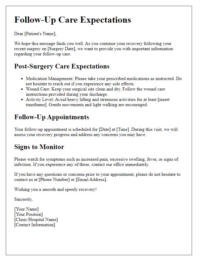 Letter template of follow-up care expectations for recent surgeries