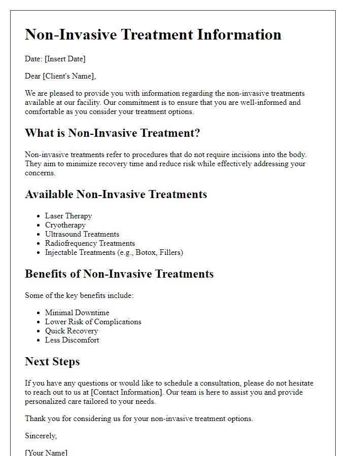 Letter template of non-invasive treatment information for clients