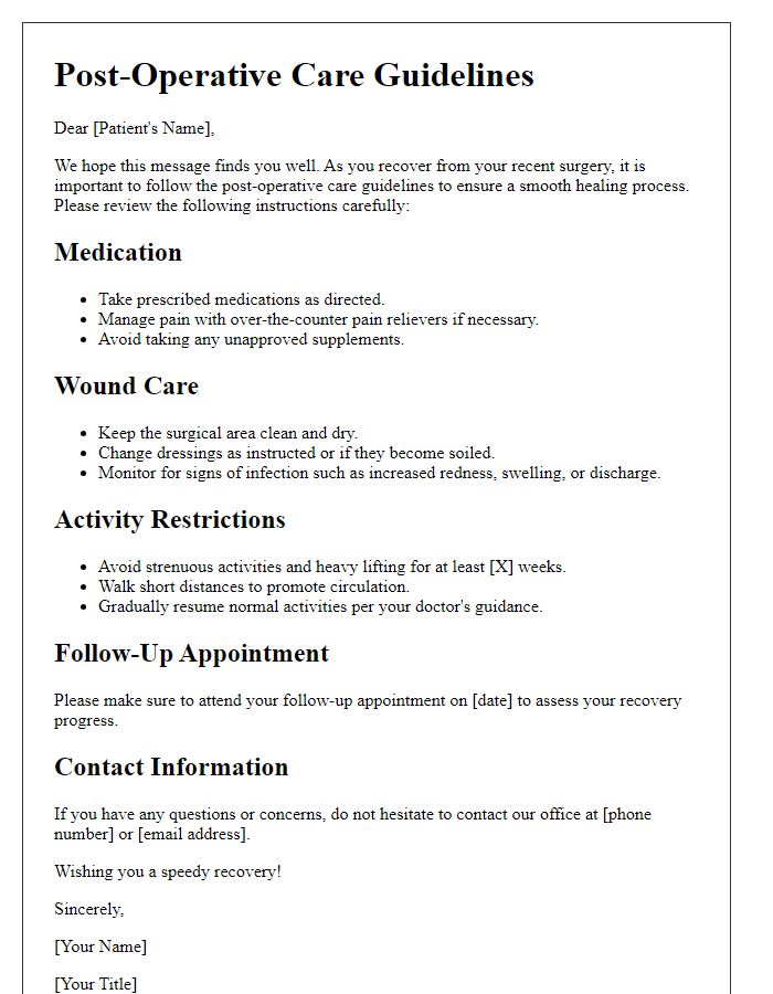 Letter template of post-operative care guidelines for patients