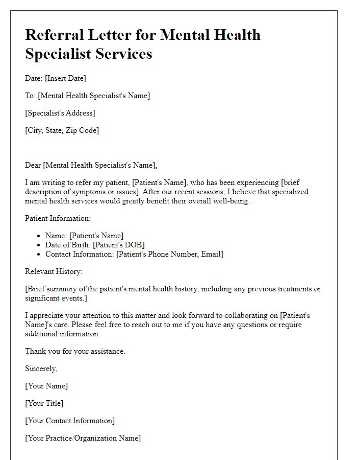 Letter template of referral for mental health specialist services.