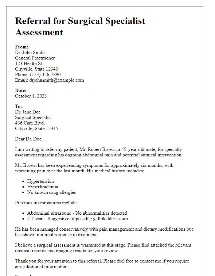 Letter template of referral for surgical specialist assessment.