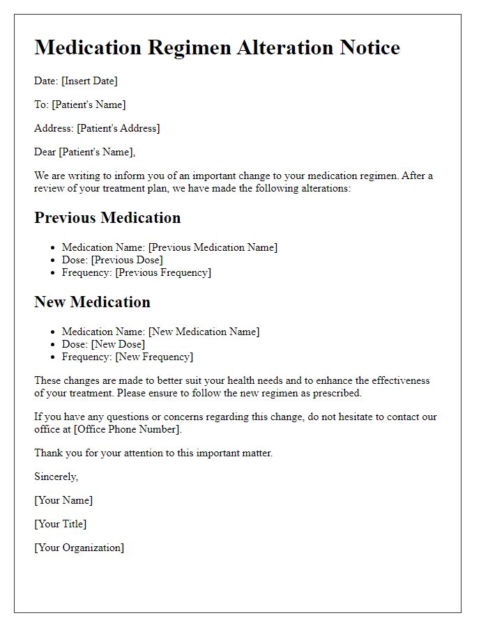 Letter template of medication regimen alteration notice