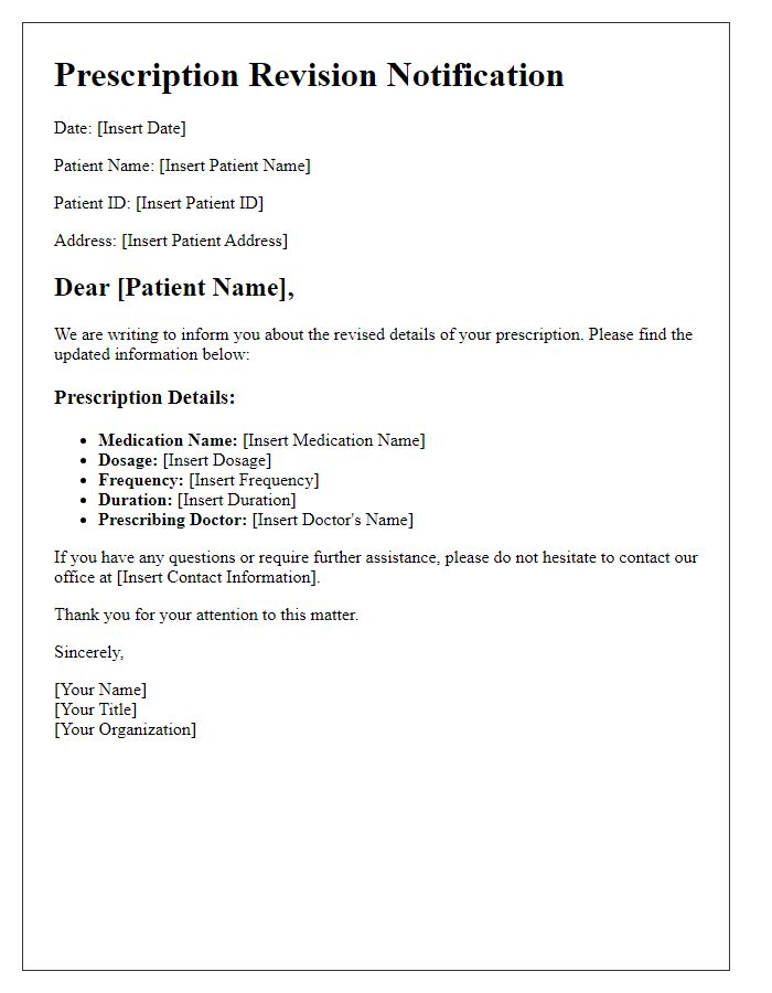 Letter template of revised prescription details for patient