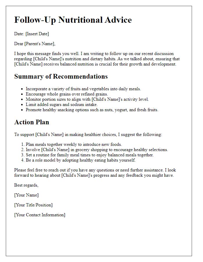 Letter template of nutritional advice follow-up for child nutrition.