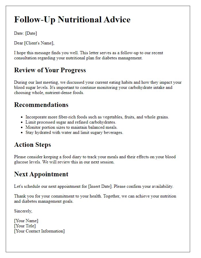 Letter template of nutritional advice follow-up for diabetes management.