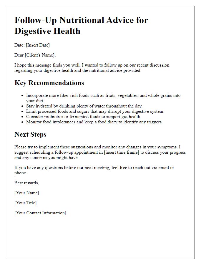 Letter template of nutritional advice follow-up for digestive health.