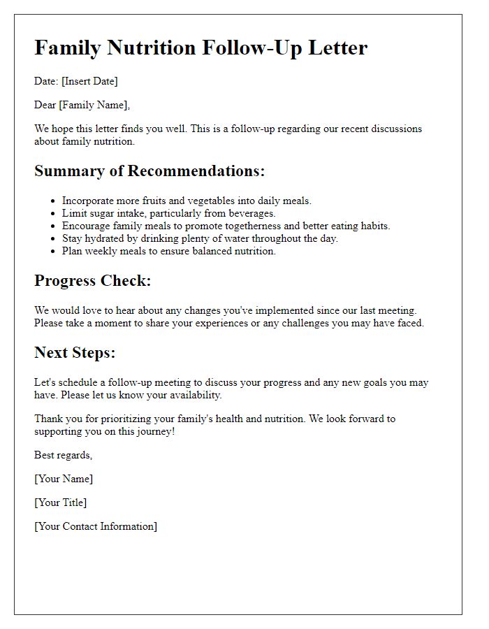 Letter template of nutritional advice follow-up for family nutrition.