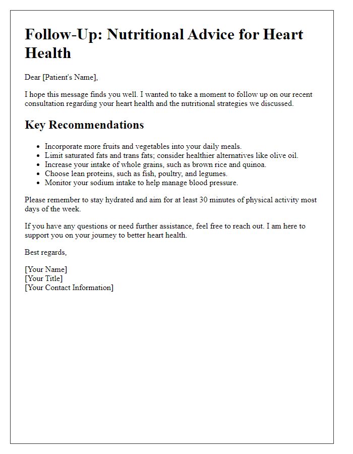 Letter template of nutritional advice follow-up for heart health.