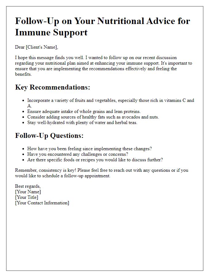 Letter template of nutritional advice follow-up for immune support.