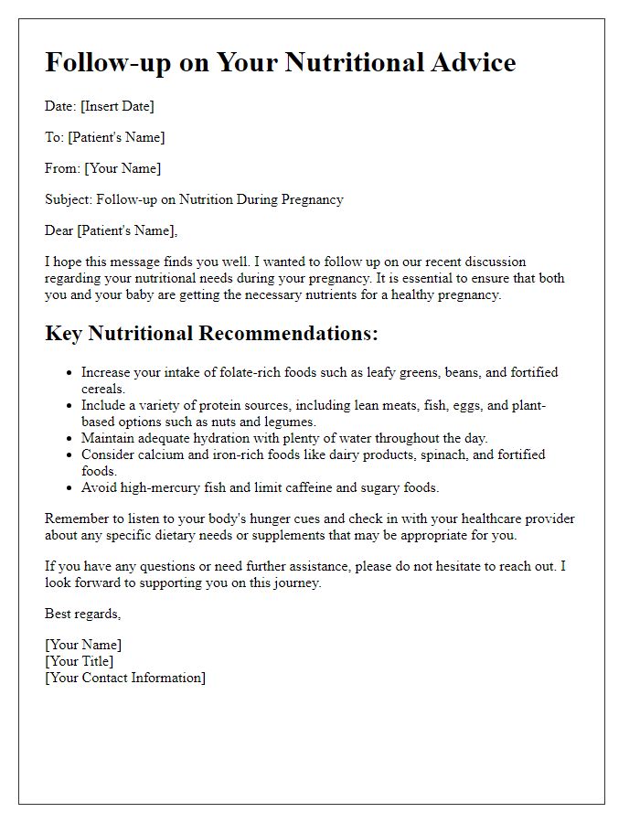 Letter template of nutritional advice follow-up for pregnancy nutrition.