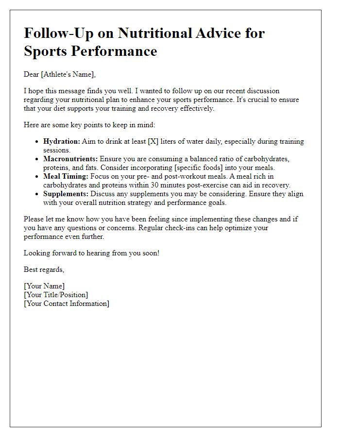 Letter template of nutritional advice follow-up for sports performance.