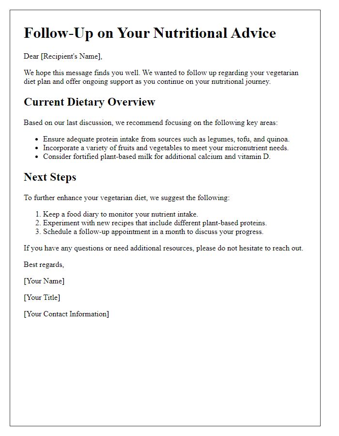 Letter template of nutritional advice follow-up for vegetarian diets.