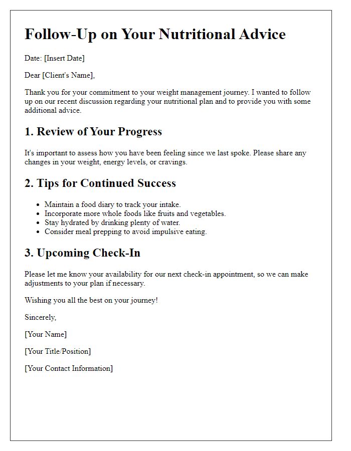 Letter template of nutritional advice follow-up for weight management.