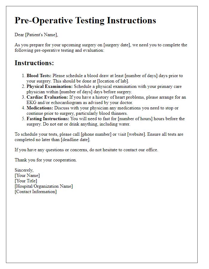 Letter template of instructions for pre-operative testing and evaluation.