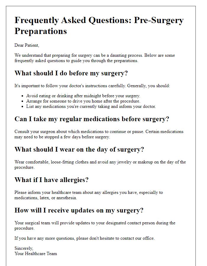 Letter template of patient FAQs regarding pre-surgery preparations.