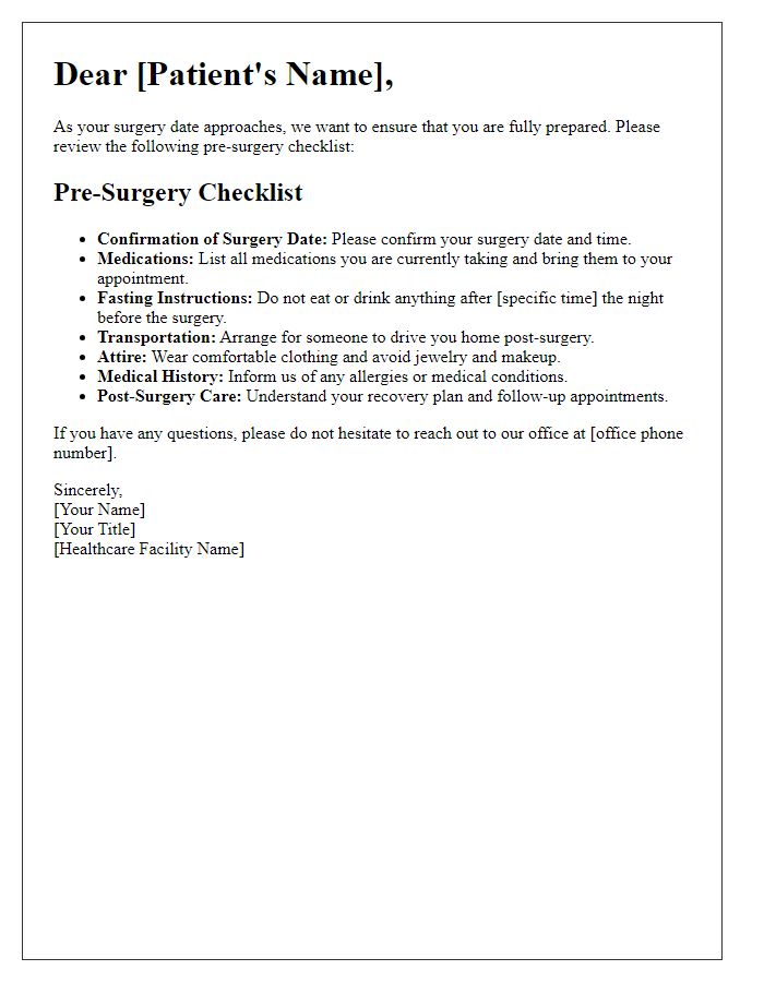 Letter template of pre-surgery checklist for patients.