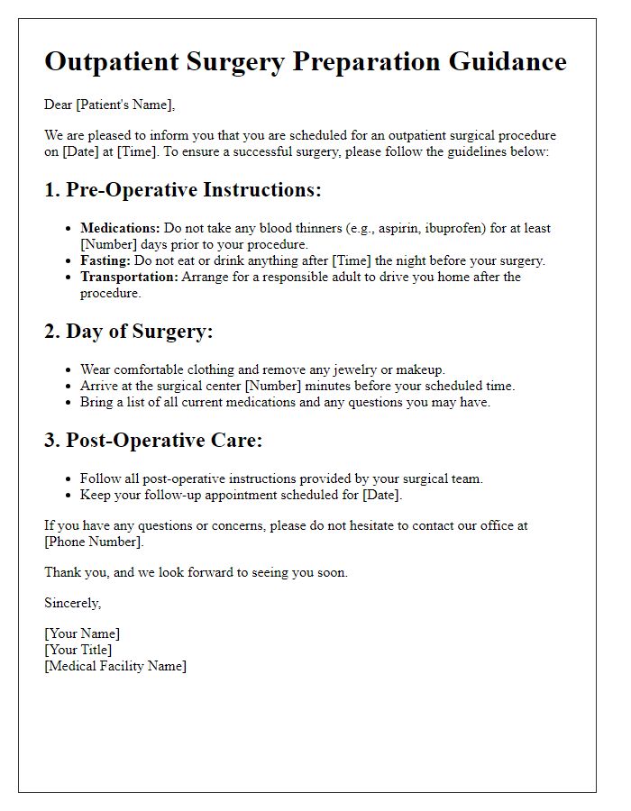 Letter template of surgical prep guidance for outpatient operations.