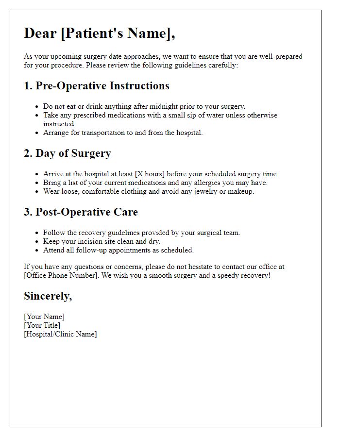 Letter template of surgical preparation guidelines for patients.