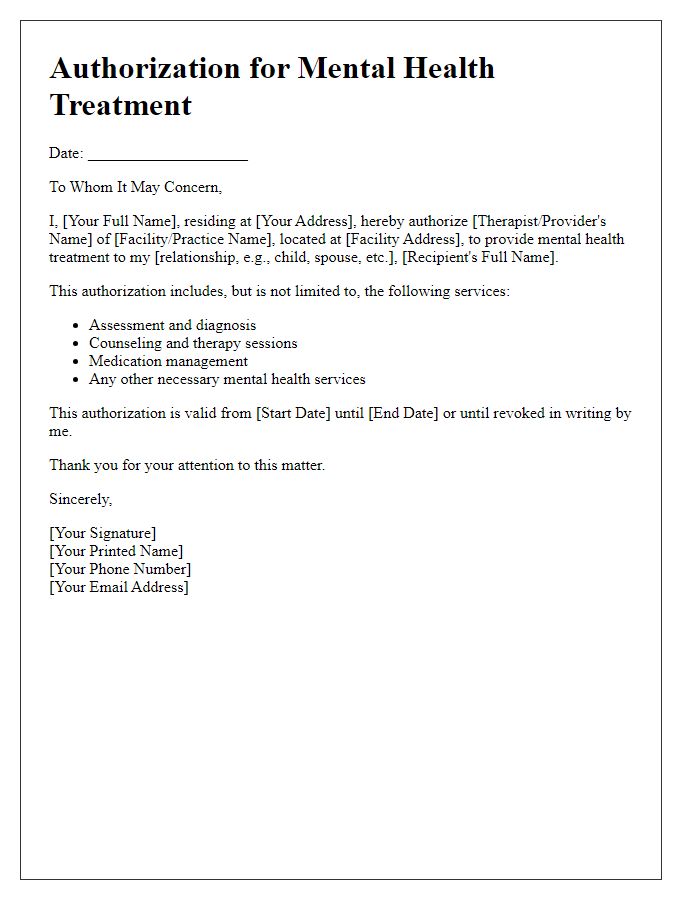 Letter template of authorization for mental health treatment.