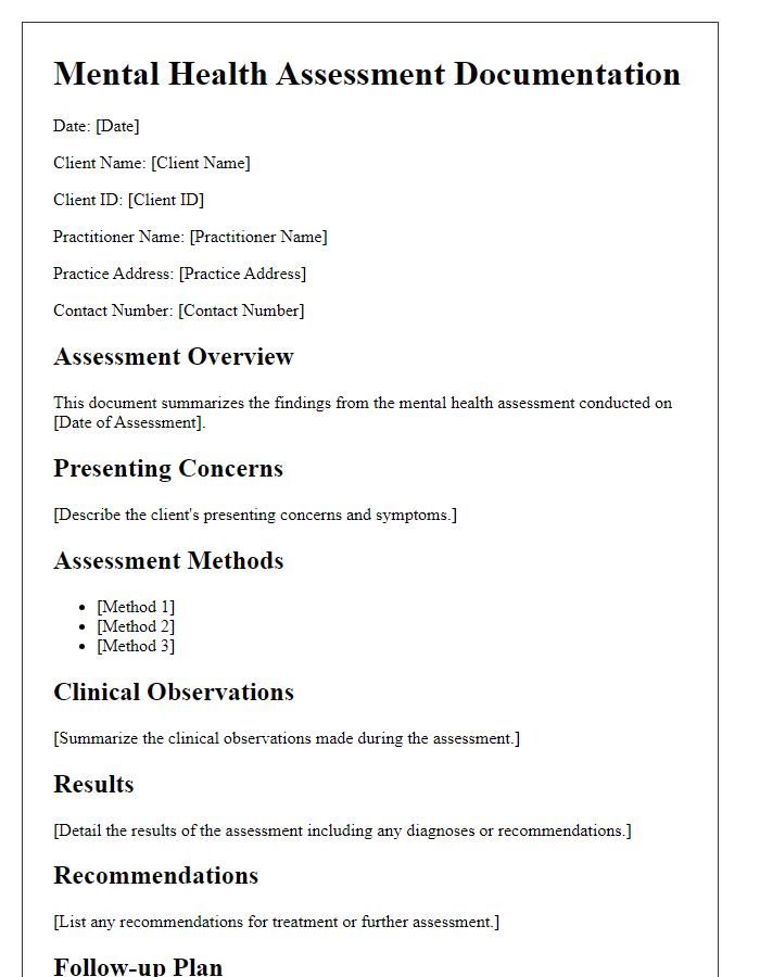 Letter template of documentation for mental health assessment.