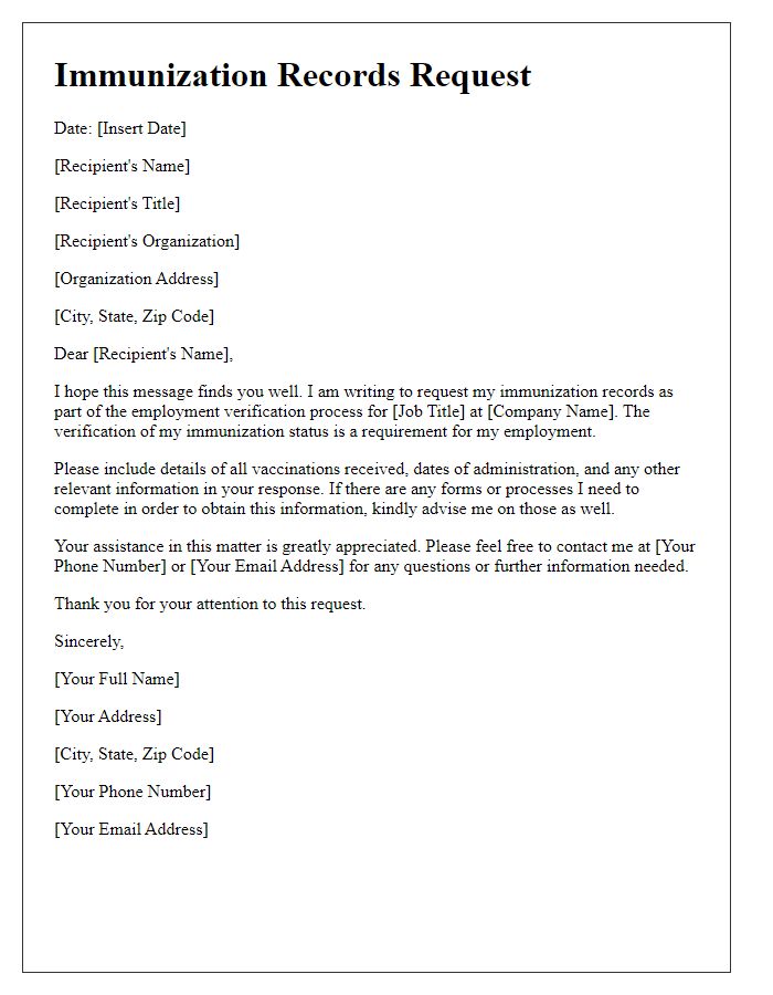 Letter template of immunization records request for employment verification.