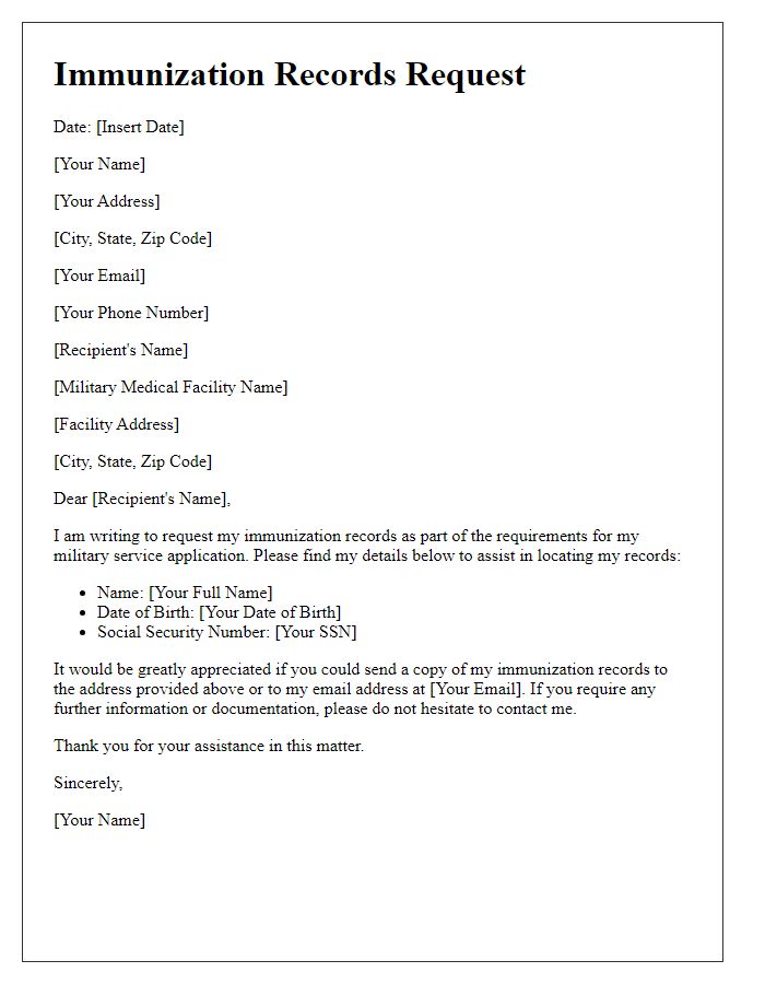 Letter template of immunization records request for military service.